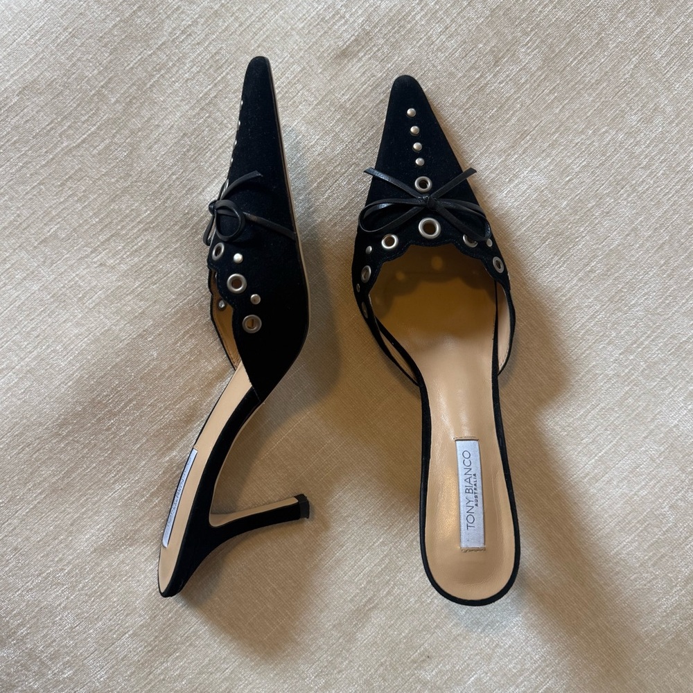 Tony Bianco Shea Black Suede Pointed Eyelet Mule with Bow Accent